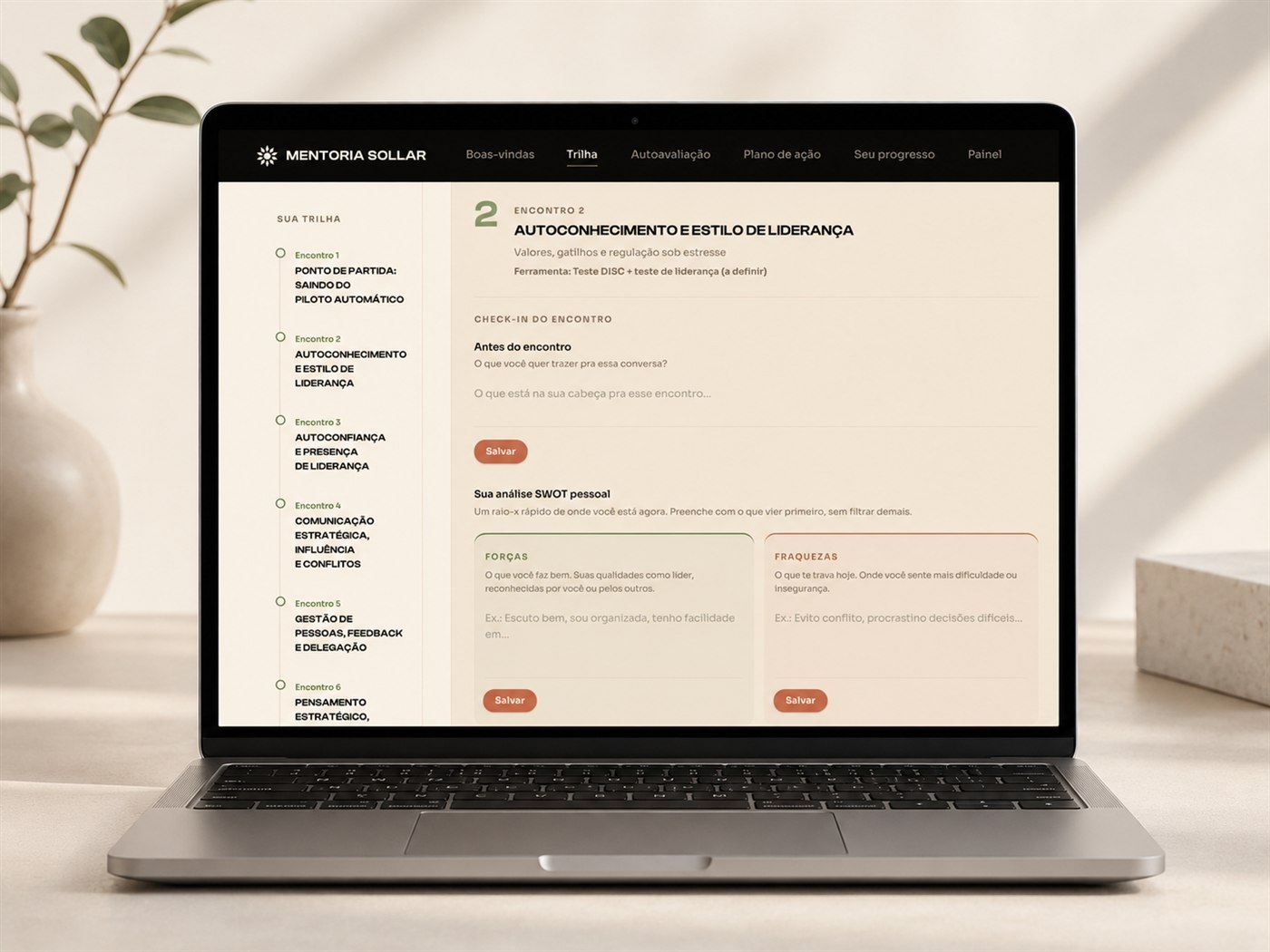 Tela da plataforma da Mentoria Sollar, mostrando a trilha de encontros e o check-in de um dos encontros